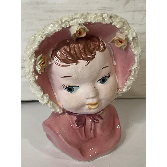 Rare Vintage Pink Bonnet Lady Head Vase | 5" | Women Rare Head Vase |‎ MCM - Picture 1 of 6